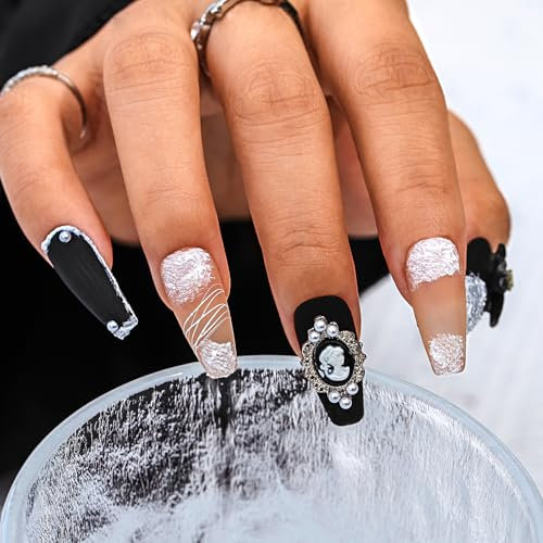 Sethexy Noir Mat Faux ongles faits à la main Perle Acrylique Faux Ongles Arc 3D Longue presse de cercueil sur les ongles qualité durable de pour les femmes et les filles