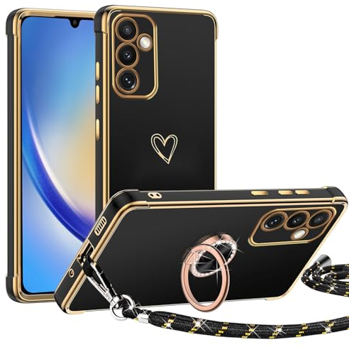 TUUTPU Handykette für Samsung Galaxy A34 5G Hülle mit Band, Herz Muster Handyhülle mit 360° Ring Ständer Dünn Silikon TPU Stoßfeste Schutzhülle mit Abnehmbar Kordel zum Umhängen mit Schnur, Schwarz
