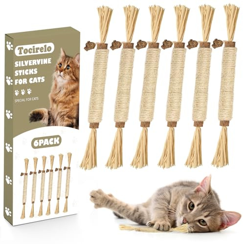Tocirelo Silvervine Sticks Cat Toys - 6Pack Natural Cat Chew Toy Teeth Cleaning, Matatabi Dental Care Kitten Treat, Catnip Cat Teething Toys, Catmint Silver Vine Sticks for Bored Indoor Kitty