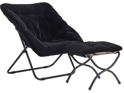 YOTATING Saucer Chair with Ottoman, Comfy Faux Fur Oversized Folding Soft Furry Lounge Lazy Chair Metal Frame Moon Accent Chair for Bedroom, Living Room, Dorm Rooms, Black