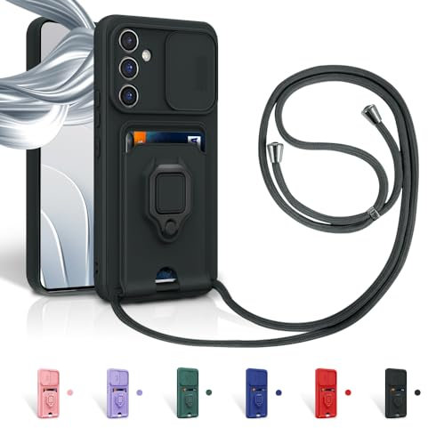 Aithne Case für Samsung Galaxy S23 FE Handykette Hüll,Slide kameraschutz,Silikon Handyhülle zum Umhängen Kette,360 Grad Ringhalter Stand Kartenfach-Schwarz