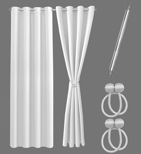 Cozyor Set ohne Bohren: 2X Vorhang + 1x Klemmstange Silber 111-200 cm + 2X Raffhalter mit Magnet Blickdicht & verdunkelnd, als Raumteiler, Fenster & Tür Weiß Thermovorhang 220x135cm