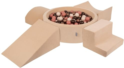 KiddyMoon Velvet Aire De Jeux en Mousse avec Rond Piscine À Balles (300 Balles) Fosses À Boules pour Enfants Jouets Parcours Obstacles, Beige Sableux: Brun/Cuivre/Beige Pastel/Saumon