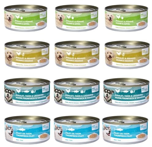Bubi Nature Komplettes Nassfutter für Hunde, 12 x 150 g, sortiert (3 x Huhn und Apfel, 3 x Huhn und Ananas, 3 x Huhn, Thunfisch und Gemüse, 3 x Thunfisch)