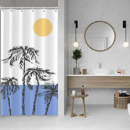 ASDCXZ Palmen Duschvorhang 120x180 cm, Sommer Seaside Tropisch Palmen Pflanzen Sonne Blau Ozean Bad Waschbar Schmal Duschvorhänge Polyester Textil Wasserdicht Duschvorhang für Badewanne mit 8 Haken
