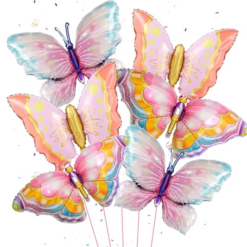 6 Stück Schmetterlings Folienballon - Schmetterlinge Deko Geburtstag Mädchen, Goldene, rosa, bunte Schmetterlings Folienballon für Mädchen Dame Schmetterling Thema Party Hochzeit Garten Party Deko