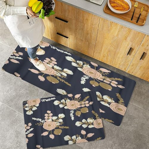 2 Pieces Non Slip Kitchen Mat Kitchen Rug Set,Watercolor Gold Rosa Blush Noisette Modern Rose Floral Pattern Flower D,Washable Modern Mats and Rugs for Hallway, Dining Room and Entryway 45x70+45x120cm