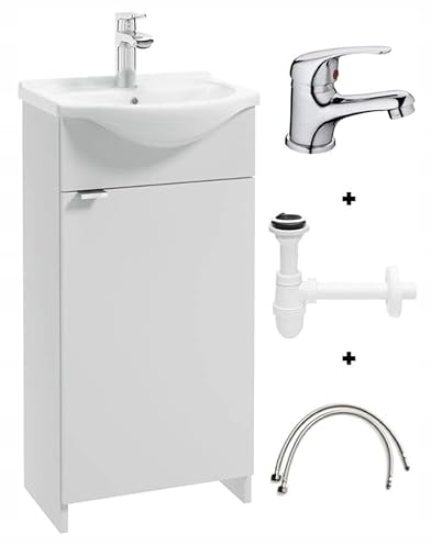 .Deftrans Domodomo - Armoire de salle de bain avec lavabo - 86 x 38 x 19,6 cm - Blanc - En céramique - Meuble sur pied pour petite salle de bain Kredo avec robinet