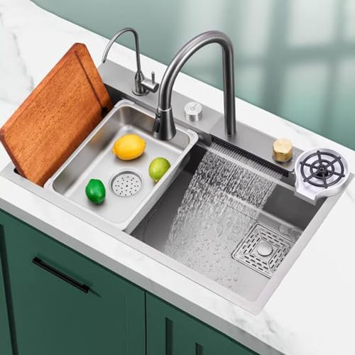 CRBUDY Küche über und unter der Theke, integrierte Küchenspülen für Wohnungen, Wasserfall-Spülenpaket mit Wasserhahn, graues Edelstahl-Geschirrspülbecken, Siphon-Spülbecken (Farbe: Grigio
