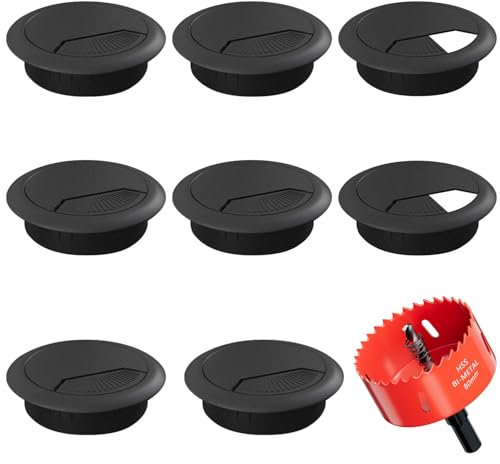 Lochsäge bohrkrone 80mm mit 8 Stück Kabeldurchführung Schreibtisch- Kabeldurchlass Kabelauslassdose Schwarz - Runde Kabeldurchführung für Tisch, Büro und Arbeitsplatten