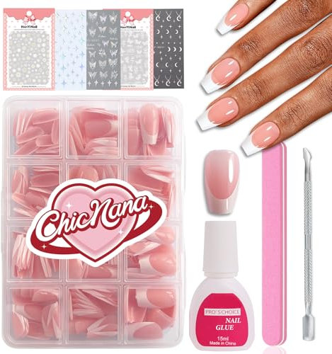 French False Nails, 240Pcs Coffin Press On Nails Short False Nails With Glue Acrylic Fake Nails Kit 12 Sizes Stick On Nails French Tip Gift For Women Girls (Coffin)