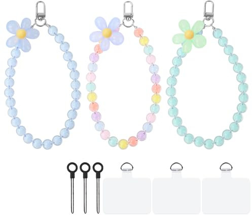 AULEEP 3pcs Charm for Women, Flower Wrist Strap Cute Wristlet Colorful Bracelet Strap Chain for iPhone (Blue/Green)