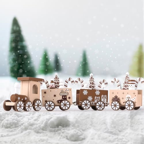 GEBETTER Holz Weihnachtszug Deko Mini Weihnachten Zug Eisenbahn Weihnachtsdeko Xmas Party Tischdeko Weihnachtsbaum Rentier Ornament Dekoration Geschenke (Karamell)