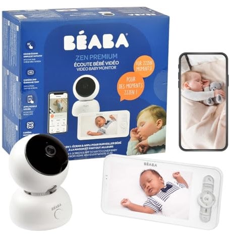 Béaba, Babyphone, Ecoute Bébé Vidéo 2 en 1, Ecran/Application Mobile dédiée, Caméra HD, Rotation à 360°, Vision Nocturne, Talkie Walkie, Berceuses, Contrôle température et humidité, Zen Premium Blanc