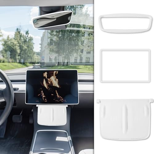 Gosknor 3pcs Car Accessories for Tesla Model 3 Model y, Silicone Screen Protector Frame Center Console Wireless Charging Silicone Pad Interior Rear View Mirror Cover (White)