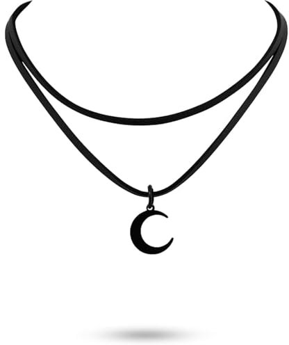 Moguri Schwarze Doppelketten-Mondkette für Damen, Gothic Choker, Boho Halskette, Y2K Accessoires, Vintage Schmuck, Halloween Grunge Halsband, Viktorianisch, Mittelalter Design, Witchy Look