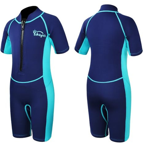 Yikayin Traje de neopreno corto para niños, 2 mm, traje de neopreno térmico UV con cremallera frontal para clases de natación, surf, esnórquel, buceo, SUP, azul, XS