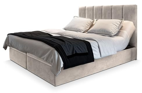 Masseno Boxspringbett BARINO 160x200 cm Komplett-Set mit Matratze und Topper, Polsterbett mit Zwei Bettkästen -Beige, Paros 02