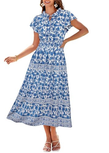 GRACE KARIN Women Dresses for Women Summer Short Sleeve Hawaiian Boho Party Dress Summer Crew Neck Tie Front Floral Dress Blue Floral M