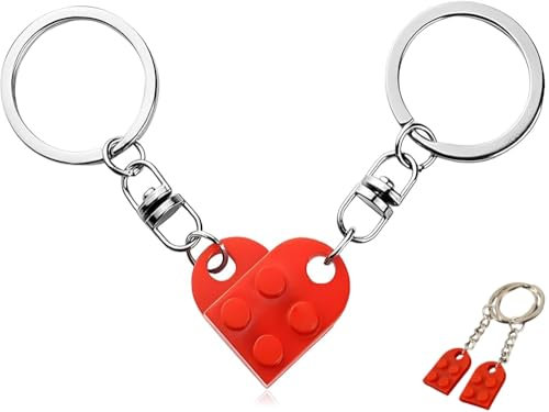 Heanvmyss Schlüsselanhänger Herz Partner,1 Paar Abnehmbare Herzförmige Bausteine Schlüsselanhänger,Boyfriend Gift Keychain(Rot)