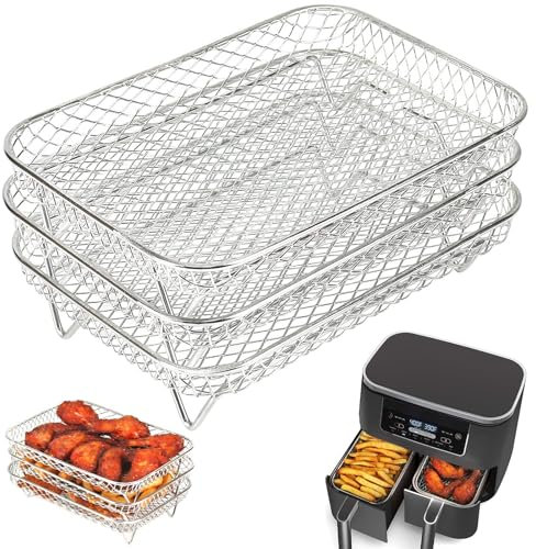 Heißluftfritteuse Zubehör, 3x stapelbare 304 Edelstahl Airfryer Racks | Kompatibel mit AF300EU/AF400EU, XXL | Stapelbar Airfryer Korb Tray | 20cm Grillrost für Heißluftfritteuse (Länge 20 cm)