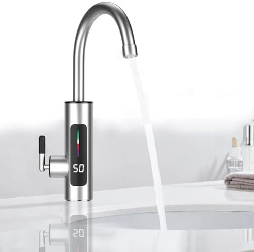 Elektrische Wasserhahn Edelstahl, Heiß- Und Kaltwasserhahn, Elektrischer Wasserhahn mit Durchlauferhitzer, 360° Drehbarer LED Temperaturanzeige Durchlauferhitzer Wasserhahns, für Küche,Bad,Wohnwagens