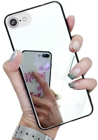 Black Frame Mirror Case for iPhone 8/7/SE 2020/2022/2023,Makeup Mirror Effect Bright Reflection Hard Back Bumper Rubber Phone Cover for Girls Women