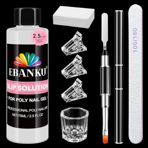 EBANKU Poly Gel Slip Solution Kit - 75ml Anti-Stick Nail Thickening Solution for Builder Gel Acrylic Powder Sticky Layer Remover with Nail Brush Nail Clips Cleaning Pad