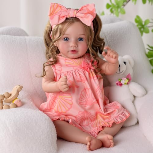 BABESIDE Lebensechte Reborn Babypuppe – 20 Zoll Realistische Reborn Puppe Mädchen mit Langen Lockigen Braunen Haaren, Weichem Stoffkörper, Outfit & Zubehör für Kinder ab 3 Jahren