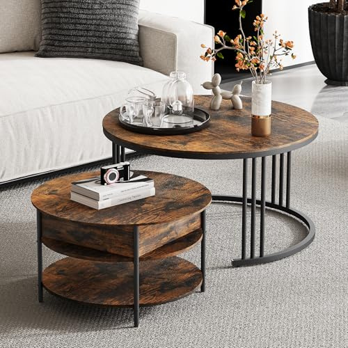 Lift Top Coffee Table, Set of 2 Nesting Coffee Table with Hidden Storage Compartment and Open Shelf, Round Nest of Tables Retro Walnut Tabletop, Metal Frame for Living Room