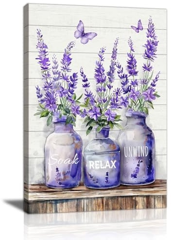 Lila Lavendel in der Vase Leinwand Bilder mit Rahmen Entspannen Abschalten Ruhe Wandbilder Vintage Blumen Schmetterling Bild Auf Leinwand Deko Wanddekoration für Schlafzimmer Wohnzimmer Büro 40X60cm