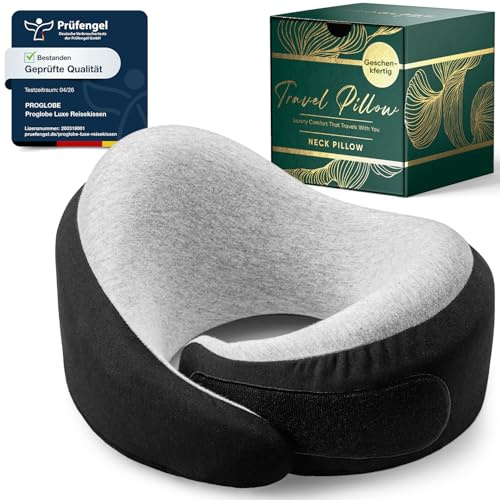 Proglobe Luxe Neck Support Pillow, Memory Foam, Organic Cotton, Charcoal | Ergonomic 360 support; soft chin support; compact compression bag; for airplanes
