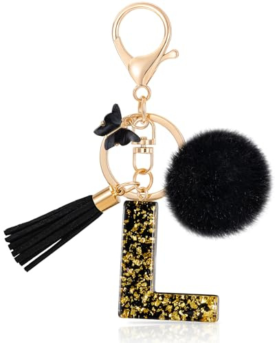 MWOOT Porte-clé Lettre Initiale, Letter Keychains, Noir Feuille d'Or, pour Femmes, Portefeuilles et Bagages