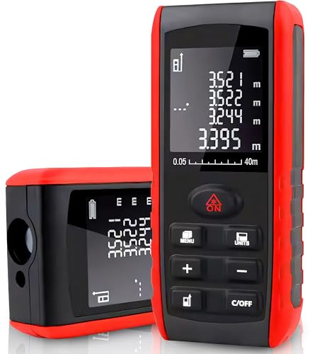 Retoo Laser Entfernungsmesser 40 m, ±1,5 mm, LCD, IP54, Laserklasse II | Messzeit 0,25 s, m/in/ft, 115 x 50 x 23 mm, 82 g, 2 x AAA nicht enthalten, Tasche und Handschlaufe