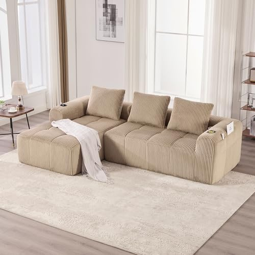EMKK Ecksofa mit Schlaffunktion, 253x158x61 cm Boneless Couch, Modulares Cord Sofa, L Form Couch, mit 3 Kissen, Seitentasche und Getränkehalter, Corduroy, Ideal für Wohnzimmer, Arbeitszimmer (Khaki)