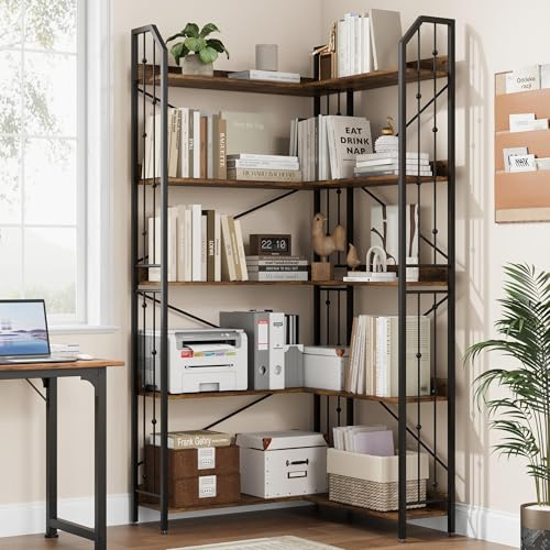 Eck-Bücherregal, 5-stöckiges L-förmiges Eckregal aus Holz mit Metallrahmen, Eckregal Stehend mit Offenes Regal 83 x 83 x 183cm Deko Wohnzimmer Schlafzimmer Arbeitszimmer Büro Küche, Vintage Braun
