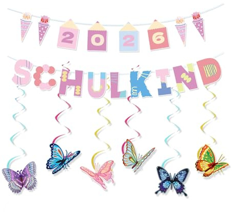 Einschulung Deko Schmetterling Schulkind 2026 Mädchen Schulanfang Deko Set mit Pastell Schulkind 2026 und Schultüte Girlande Einschulungsdeko Geschenke zur Einschulung Endlich Schulkind