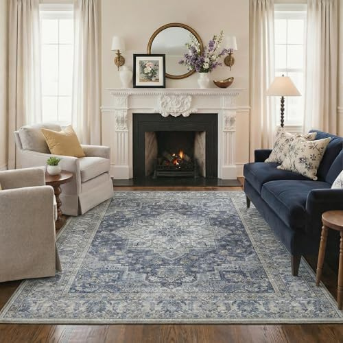 BEIMO Waschbarer Teppich Wohnzimmer Vintage, Boho Teppich Schlafzimmer Groß Orientalisch rutschfest für Badezimmer Esszimmer 160X230CM Blau