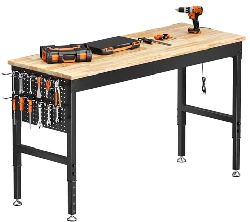 152 x 55 cm Adjustable Heavy-Duty WorkBench | 2000 LBS Load Capacity, Rubberwood Work Table, Pegboard & Built-in Power Strip, 6 Adjustable Heights