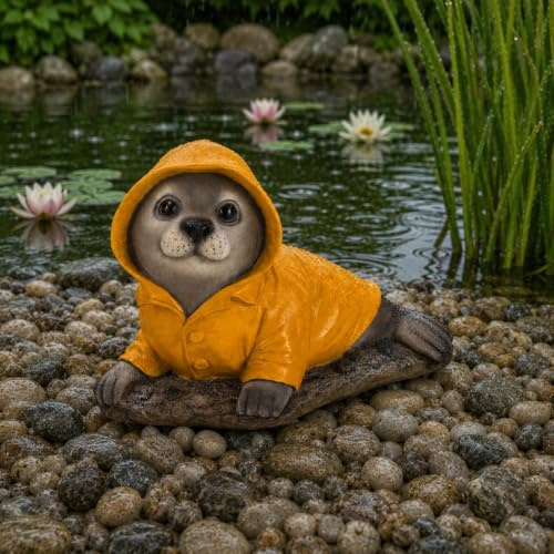 Online Fuchs Gartenfigur für draußen, Teichdeko - Seehund, Robbe im Regenmantel, wetterfest - Deko Figur 21,5 cm groß