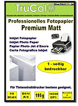 50 Blatt DIN A5 195g /m² Premium MATT Fotopapier hochweiß für Tintenstrahldrucker sofort trocken wasserfest lichtecht Flyerpapier Broschüren Vorlagen Grußkarten Photopapier Einladungskarte