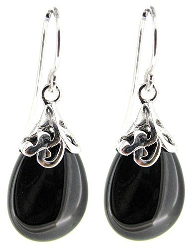 Queenberry Ohrringe aus Sterling-Silber 925 Onyx Schwarz Tropfenform Blumenfassung Haken