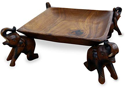 livasia Obstschale, Gebäckschale mit Elefanten aus Holz, Brotschale, asiatische Deko Schale eckig, Holzelefanten