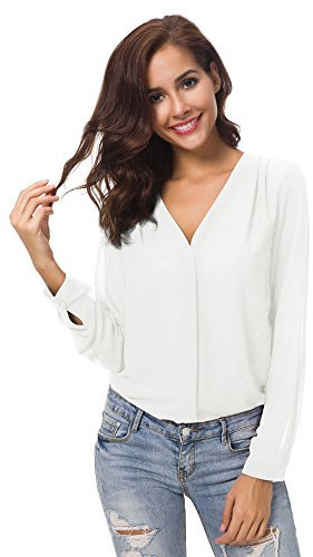 Urban GoCo Blusa de Gasa con Escote en V Mangas Largas y el Dobladillo en el Hombro para Mujeres (XL, Blanco)