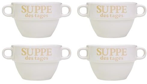 4 Stück Suppentasse aus Keramik mit Schriftzug Suppe des Tages Ø 13 cm Weiß