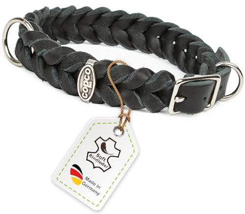 CopcoPet Hundehalsband aus Fettleder 25–29 cm x 15mm Schwarz – Geflochtenes Lederhalsband – verchromt mit Dornschließe – Robust & verstellbar – Für kleine Hunde, ideal für Alltag & Training