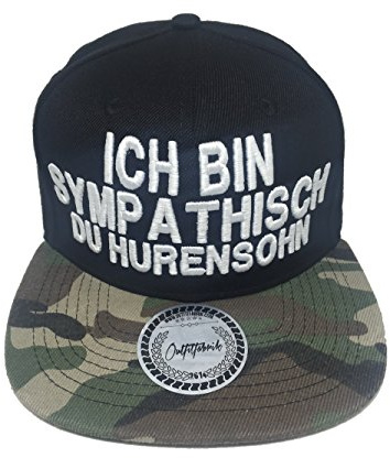Outfitfabrik Snapback Cap Ich Bin sympathisch du Hurensohn in schwarz mit Camouflage Schirm und 3D-Stick (Junggesellenabschied, 18. Geburtstag, JGA, Provokation, Statement), One Size, verstellbar