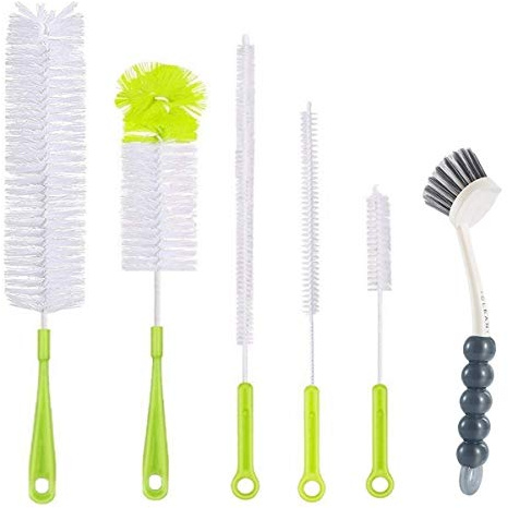 Set di 6 spazzole per la pulizia delle bottiglie, manico lungo, per lavare decanter di vino, bottiglie di birra, biberon, include bottiglie d'acqua sportive, spazzola per paglia, beccuccio per