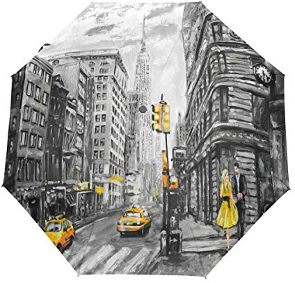 RXYY Man Frau Gelb Taxi New York Ölgemälde Falten Auto Öffnen Schließen Regenschirm für Frauen Männer Jungs Mädchen Winddicht Kompakt Reise Leicht Regen Regenschirm
