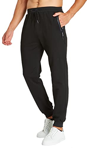 ZOXOZ Jogginghose Herren Baumwolle Sporthose Herren Trainingshose Männer Lang Fitness Hosen Herren mit Reißverschluss Taschen Schwarz L